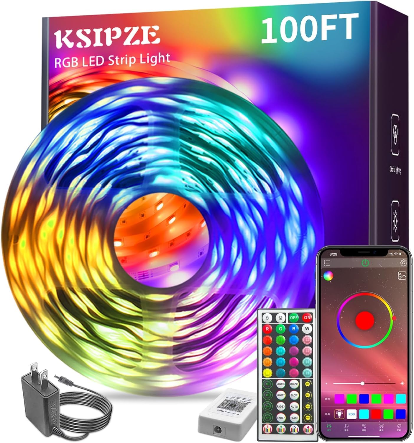 KSIPZE 100ft Led Strip Lights RGB Music Sync Color Changing Led Lights with Smart App Control Remote Led Lights for Bedroom Room Lighting Flexible Home Décor Visit the KSIPZE Store